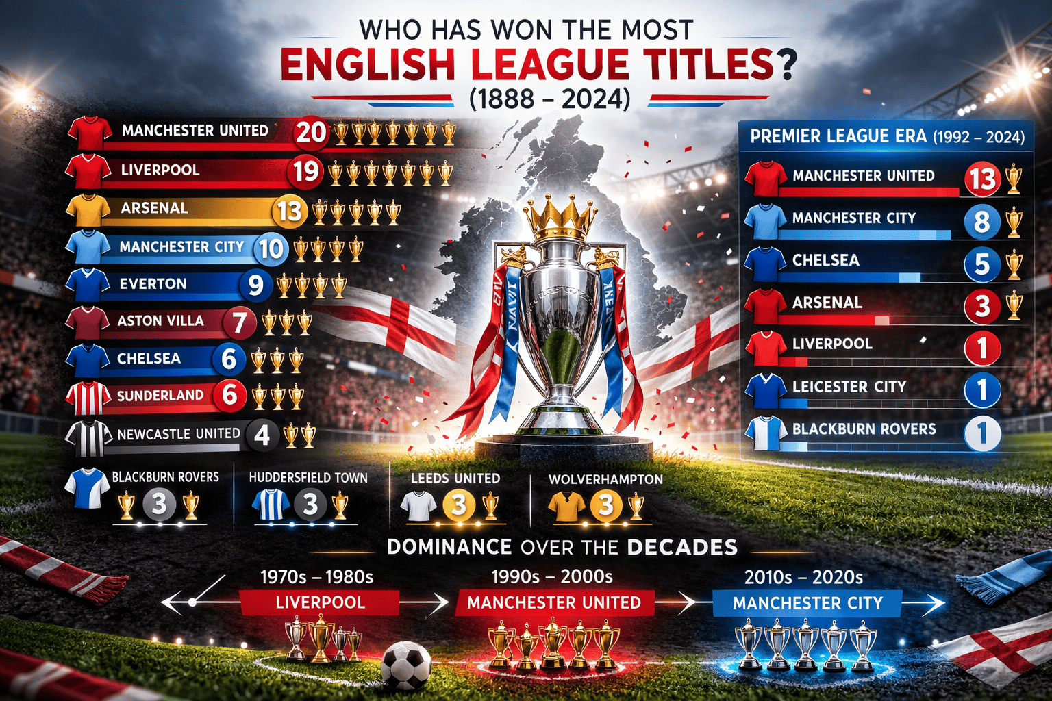 Hvem har vundet flest engelske mesterskaber? Premier League vs. historien før 1992